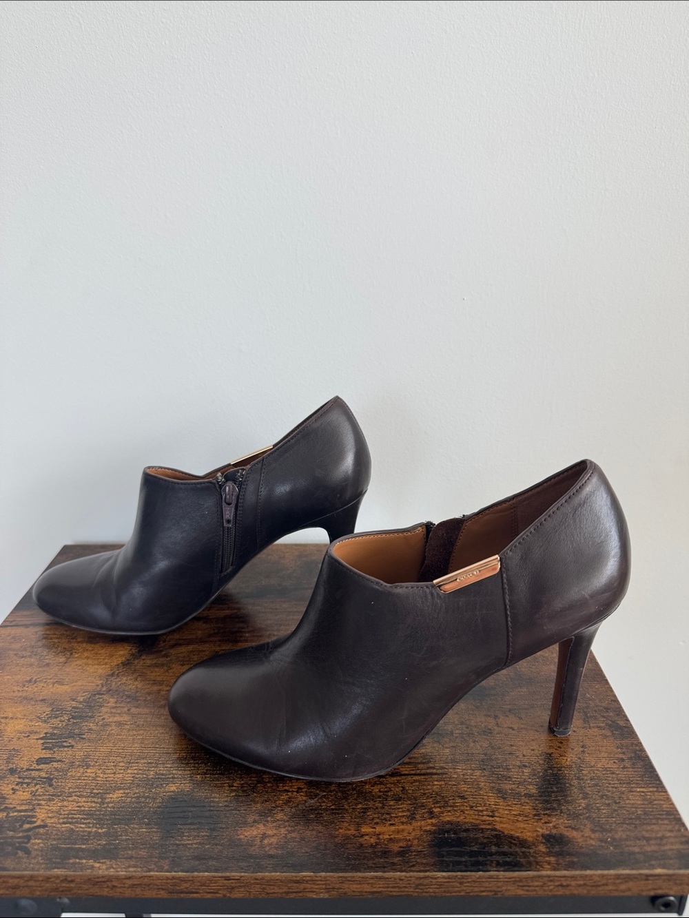 Coach Dark Brown Leather Ankle Booties with Gold Accent - Picture 4 of 12